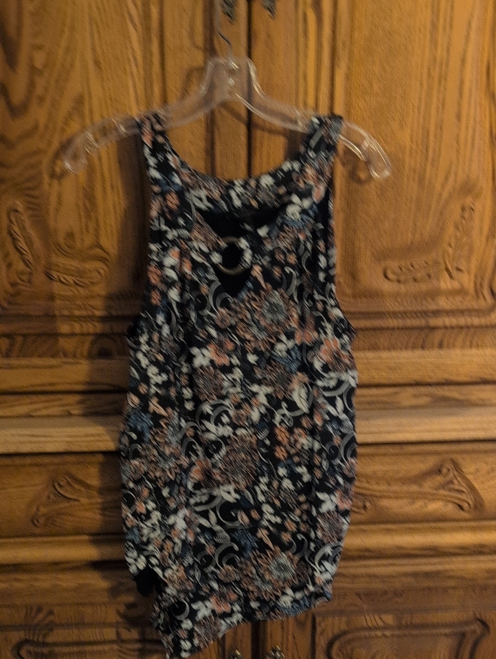 AB Studio Black Floral Scoop Neck Tank with Blue & Cream Details